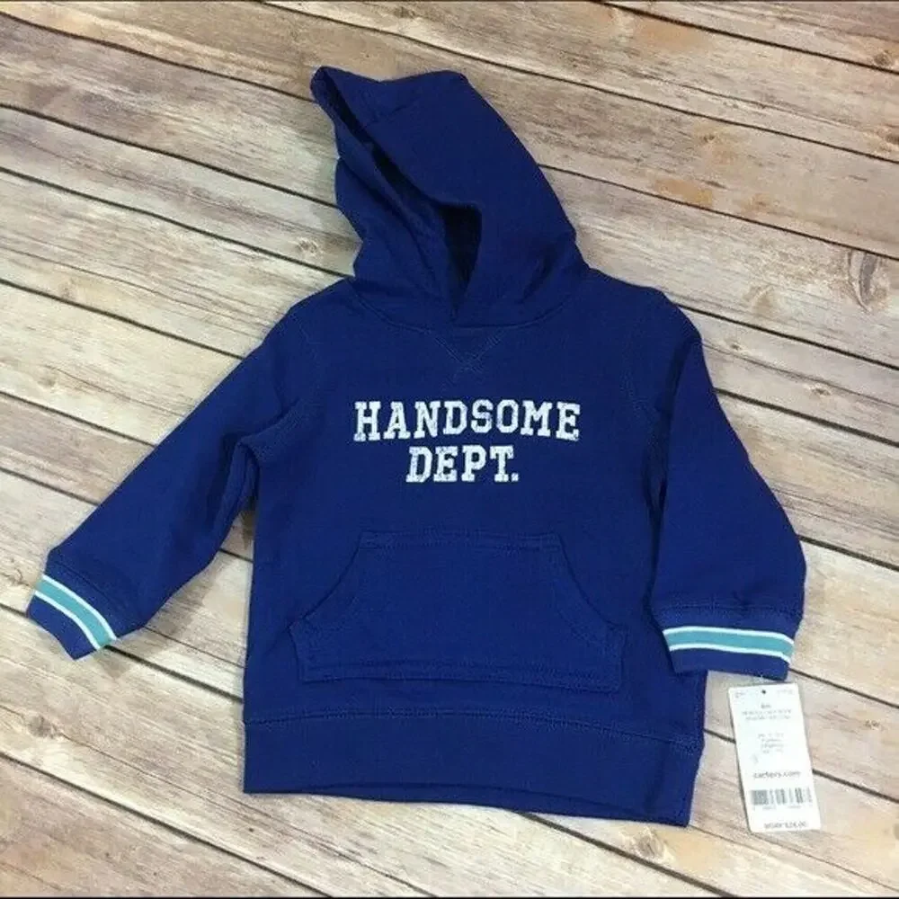 Carter's Boys Hoodie Size 6 Months Blue Handsome Dept. Pocket Pullover NEW